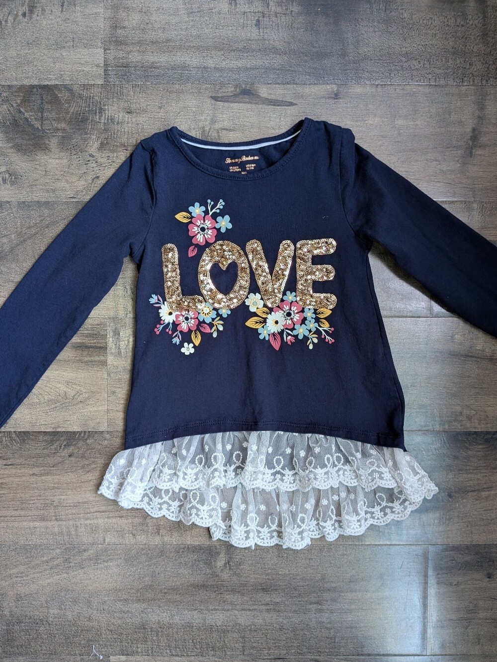 Tommy Bahama Navy Floral Sequin LOVE Lace Hem Top S 5/6